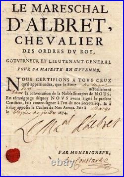 1674 D'ALBRET Maréchal sous Louis XIV Certificat de Noblesse