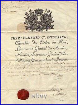1773 COMTE D'ESTAING nomination et ordre à officier de marine