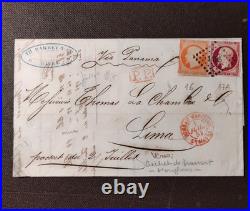 1857. Pli postal du Havre pour Lima via Southampton et Panama Affr. N° 16 et 17
