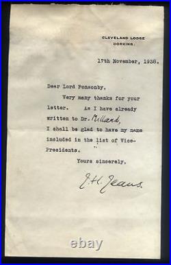 1938 Autographe Lettre Sir James Jeans Astronomer & Scientist Pour Lord Ponsonby
