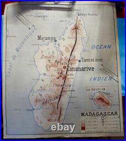 1949 Antique Map Carte d'école Rossignol Madagascar Réunion Indochine Française