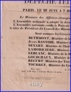 28 Juin 1848. Affiche. Dépêche télégraphique. Gal Cavaignac. Conseil. Ministère