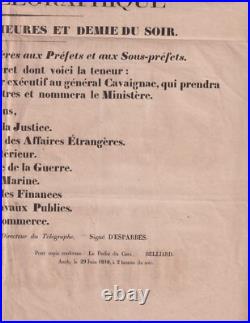 28 Juin 1848. Affiche. Dépêche télégraphique. Gal Cavaignac. Conseil. Ministère