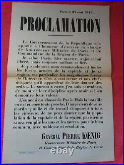 Affiche 1944/Proclamation de KOENING/LIBÉRATION DE PARIS/WW2/32x44