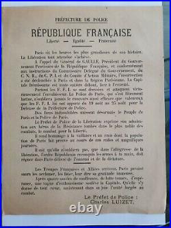 Affiche Août 1944 /WW2/ Libération de Paris SIGNÉ CHARLES LUIZET PRÉFET POLICE