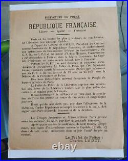 Affiche Août 1944 /WW2/ Libération de Paris SIGNÉ CHARLES LUIZET PRÉFET POLICE