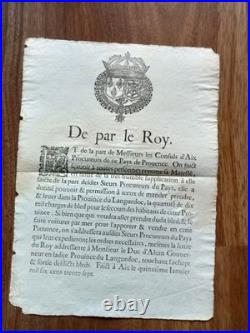 Affiche Placard Époque Louis XIII 1637 Provence Aix Languedoc Duc D'aluin