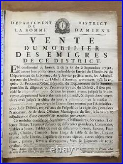 Affiche Révolutionnaire AMIENS VENTE MOBILIER DES ÉMIGRÉS VERS 1792