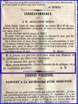 Alexandre DUMAS manuscrit autographe Mousquetaire querelle Jules Janin