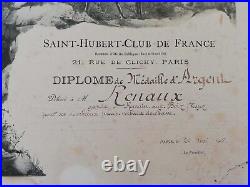 Ancien Diplôme Saint-Hubert Club de France par Joseph Blanc 1904