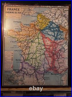 Ancienne carte scolaire France Chemins de fer & Voies navigables 120×100 cm