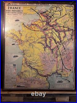 Ancienne carte scolaire France Chemins de fer & Voies navigables 120×100 cm Ancienne carte scolaire France Chemins de fer & Voies navigables 120×100 cm