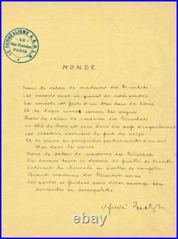 André BRETON Beau poème surréaliste autographe signée Monde surréalisme