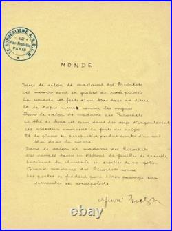 André BRETON Splendide poème surréaliste autographe signé Manuscrit 1935