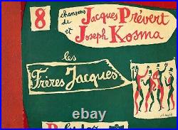 Autographe Dédicace du Poète JACQUES PRÉVERT sur coffret 4 LP78T Frères Jacques