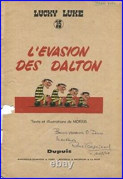 Autographe Dédicaces de RENÉ GOSCINNY & MORRIS sur page BD L'évasion des DALTON