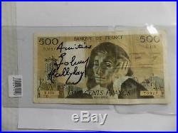 Autographe Johnny HALLYDAY dédicace HALLYDAY sur billet de banque 500 francs