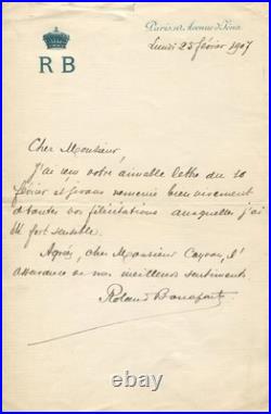 BONAPARTE (Roland) lettre autographe signée, remerciement pour des félicitations