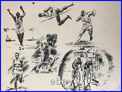Belle Planche De Dessins Sportifs 1960 Course Velo Boxe Saut Poids. (4)