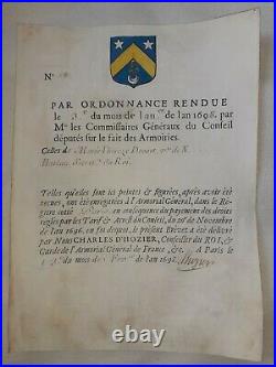 Brevet d'armoiries, blason 1698 Drouet-Harlau d'Hozier Armorial général
