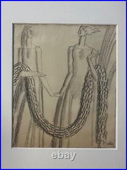C27/41-dessin Original-crayon-fusain-jean Dupas-femmes Au Boa-1925