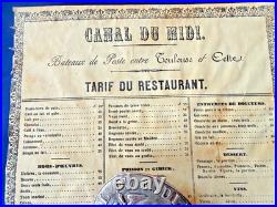 Canal Du MIDI Rare Carte -menu De La Barque De Poste Sous Louis Philippe 1840