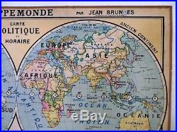 Carte scolaire ancienne Mappemonde Jean Brunhes Planisphère type Vidal Lablache