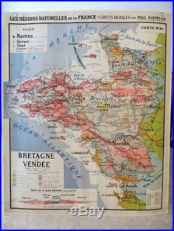 Carte scolaire murale ancienne Bretagne et Vendée Kaeppelin type Vidal Lablache