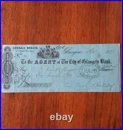 Chèque original city of Glasgow Bank 1871 Témoignage Historique Écossais