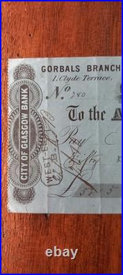 Chèque original city of Glasgow Bank 1871 Témoignage Historique Écossais