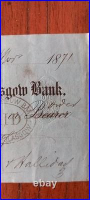 Chèque original city of Glasgow Bank 1871 Témoignage Historique Écossais