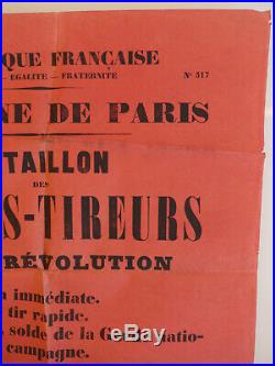 Commune de Paris, 1871, rare affiche rouge, formation dun bataillon, beau doc