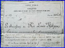 Dépt 45- Orléans Cie des Canaux Rarissime Succession Roi Louis Philippe I 1873