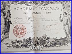 Diplôme Académie d'Armes 1887 signé Régamey remis à Henri de Pène rare