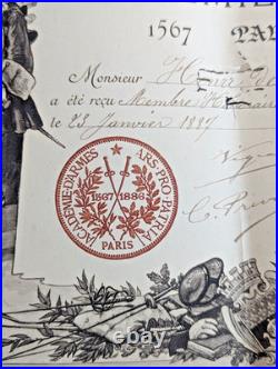 Diplôme Académie d'Armes 1887 signé Régamey remis à Henri de Pène rare