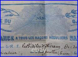 Diplôme Franc-maçon 1882 Grand Orient de France Fidèles de l'Hiram 36x25cm