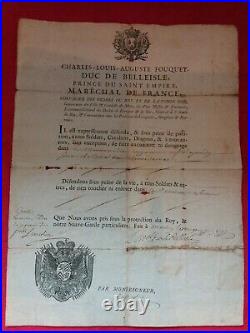 Doc 1747/FOUQUET DUC DE BELLEILSE Marechal de France/MENTON/ ordre de protection