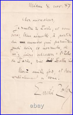 Émile ZOLA Lettre autographe signée 1887 Belle et grande signature