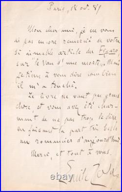 Émile ZOLA juge son deuxième roman Lettre autographe signée 1889