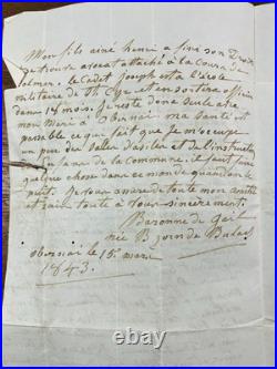 Famille de Gail Obernai 1843 Baronne Catherine Zorn de Bulach Rare Autographe