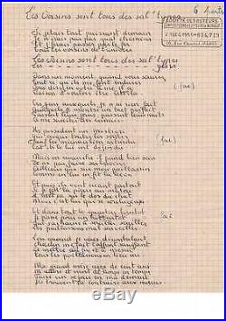Georges Brassens / Manuscrit De Sa Chanson Tous Les Voisins Sont Des Sal'types