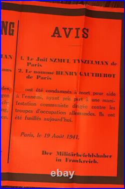 Guerre 1939 Placard Condamnation A Mort Juif Et Resistant Communiste 1941 Ww2