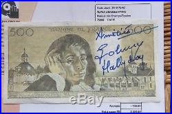 JOHNNY HALLYDAY autographe sur billet 500 FRANCS PASCAL Johnny Hallyday +Facture
