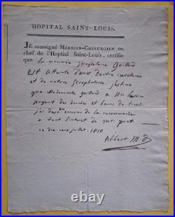 Jean-Louis ALIBERT. Hôpital Saint-Louis. Paris. 1810. Ordonnance signée
