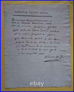 Jean-Louis ALIBERT. Hôpital Saint-Louis. Paris. 1810. Ordonnance signée