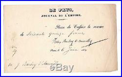 Jules Barbey D'aurevilly / Document Signé (1854) / Le Pays Journal De L'empire
