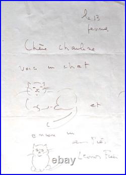LEONOR FINI, lettre autographe signée (1985) avec 2 dessins de chat à la plume