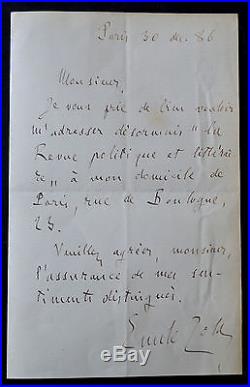 LETTRE AUTOGRAPHE SIGNÉE ÉMILE ZOLA (datée déc. 1886)