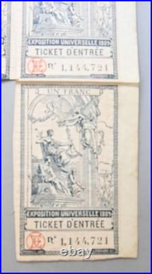 LOT 6 ANCIENS TICKETS ENTRÉE pour EXPOSITION UNIVERSELLE PARIS 1889 -TOUR EIFFEL
