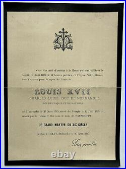 LOUIS XVII Charles Duc Normandie Roi France FAIRE PART Naundorff DELFT 1845